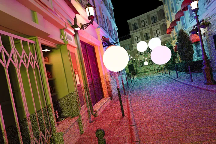 Denoised Monte Carlo rendering with a highlighted crop.